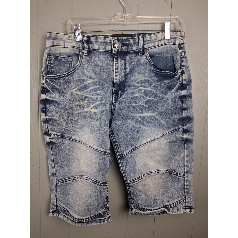 Encrypted Mens Moto Distressed Whiskered Wash Denim Jean Shorts Size 34 Blue